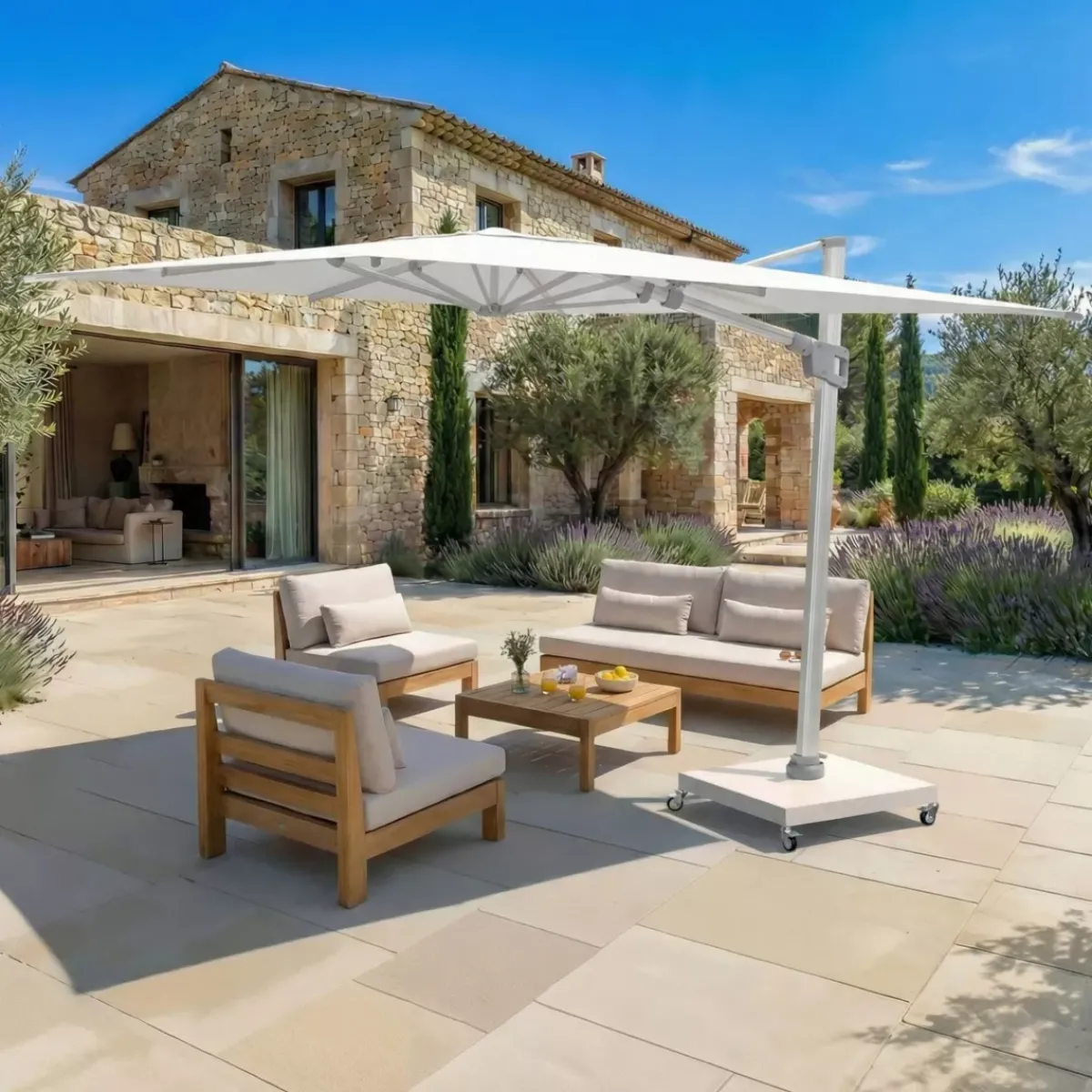 MOBELLIA Ombrelloni Da Giardino-Ombrellone decentrato quadrato in alluminio con base (3 x 3 m) Elyra Metallico lucido e Bianco