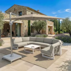 MOBELLIA Ombrelloni Da Giardino-Ombrellone decentrato quadrato in alluminio con base (3 x 3 m) Elyra Metallico lucido e Tortora