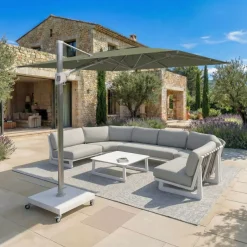 MOBELLIA Ombrelloni Da Giardino-Ombrellone decentrato quadrato in alluminio con base (3 x 3 m) Elyra Metallico lucido e Verde oliva
