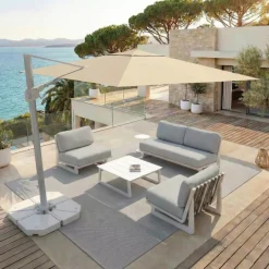 MOBELLIA Ombrelloni Da Giardino-Ombrellone decentrato rettangolare in alluminio con base (3 x 4 m) Elyra Bianco e Beige