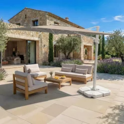 MOBELLIA Ombrelloni Da Giardino-Ombrellone decentrato rettangolare in alluminio con base (3 x 4 m) Elyra Bianco e Tortora