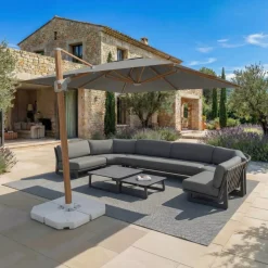 MOBELLIA Ombrelloni Da Giardino-Ombrellone decentrato rettangolare in alluminio con base (3 x 4 m) Elyra effetto legno e Antracite