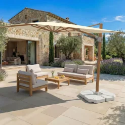 MOBELLIA Ombrelloni Da Giardino-Ombrellone decentrato rettangolare in alluminio con base (3 x 4 m) Elyra effetto legno e Beige