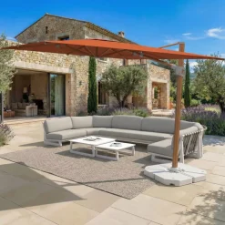 MOBELLIA Ombrelloni Da Giardino-Ombrellone decentrato rettangolare in alluminio con base (3 x 4 m) Elyra effetto legno e Terracotta