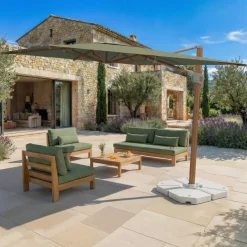 MOBELLIA Ombrelloni Da Giardino-Ombrellone decentrato rettangolare in alluminio con base (3 x 4 m) Elyra effetto legno e Verde oliva
