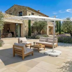 MOBELLIA Ombrelloni Da Giardino-Ombrellone decentrato rettangolare in alluminio con base (3 x 4 m) Elyra Metallico lucido e Bianco