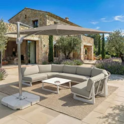 MOBELLIA Ombrelloni Da Giardino-Ombrellone decentrato rettangolare in alluminio con base (3 x 4 m) Elyra Metallico lucido e Tortora