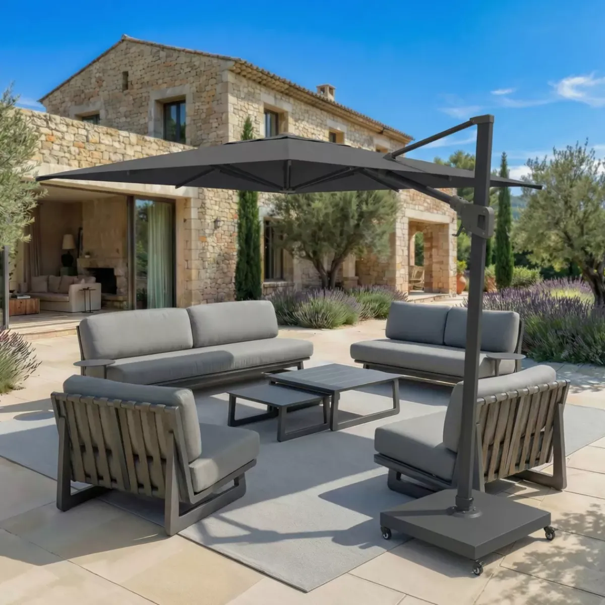 MOBELLIA Ombrelloni Da Giardino-Ombrellone decentrato rettangolare in alluminio con base (3 x 4 m) Elyra Antracite