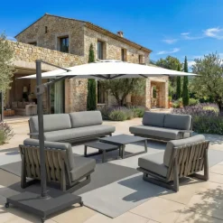 MOBELLIA Ombrelloni Da Giardino-Ombrellone decentrato rettangolare in alluminio con base (3 x 4 m) Elyra Antracite e Bianco