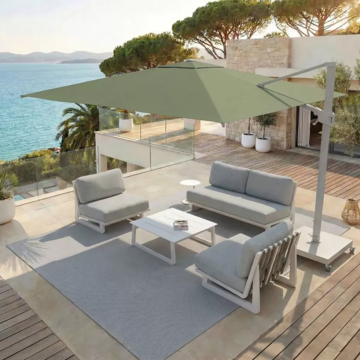 MOBELLIA Ombrelloni Da Giardino-Ombrellone decentrato rettangolare in alluminio con base (3 x 4 m) Elyra Bianco e Verde oliva