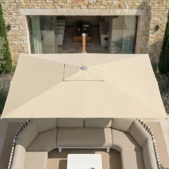MOBELLIA Ombrelloni Da Giardino-Ombrellone decentrato rettangolare in alluminio con base (3 x 4 m) Elyra effetto legno e Beige