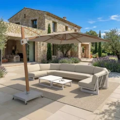 MOBELLIA Ombrelloni Da Giardino-Ombrellone decentrato rettangolare in alluminio con base (3 x 4 m) Elyra effetto legno e Tortora