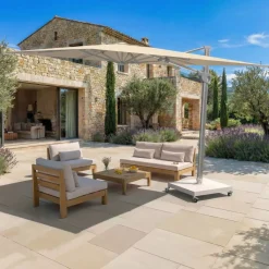 MOBELLIA Ombrelloni Da Giardino-Ombrellone decentrato rettangolare in alluminio con base (3 x 4 m) Elyra Metallico lucido e Beige