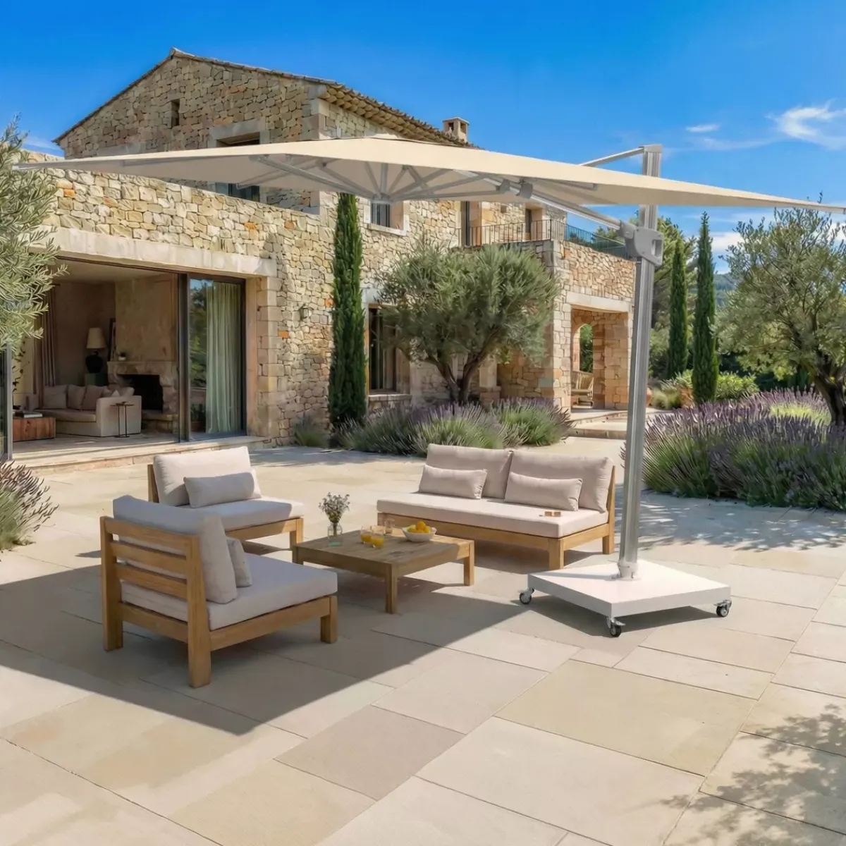 MOBELLIA Ombrelloni Da Giardino-Ombrellone decentrato rettangolare in alluminio con base (3 x 4 m) Elyra Metallico lucido e Beige