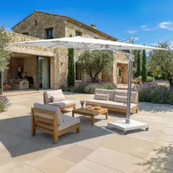 MOBELLIA Ombrelloni Da Giardino-Ombrellone decentrato rettangolare in alluminio con base (3 x 4 m) Elyra Metallico lucido e Bianco