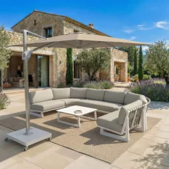 MOBELLIA Ombrelloni Da Giardino-Ombrellone decentrato rettangolare in alluminio con base (3 x 4 m) Elyra Metallico lucido e Tortora