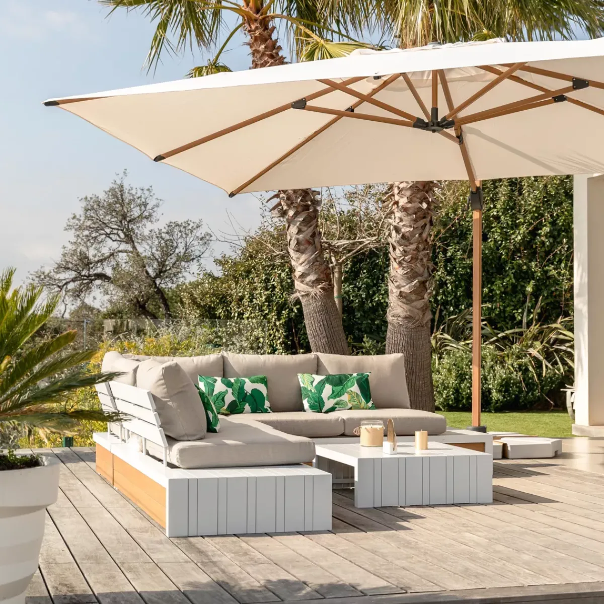 MOBELLIA Ombrelloni Da Giardino-Ombrellone decentrato rettangolare alluminio Yucatan (4 x 3 m) effetto Legno e bianco