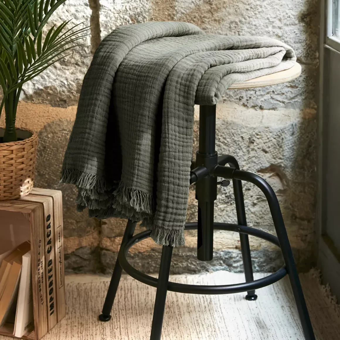 Plaid garza di cotone (160 cm) Gaïa Verde rosmarino