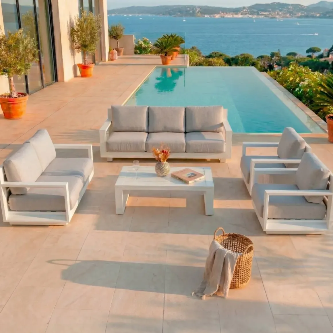 Salotto da giardino alluminio 7 posti 5 pezzi Elba Bianco e grigio chiaro