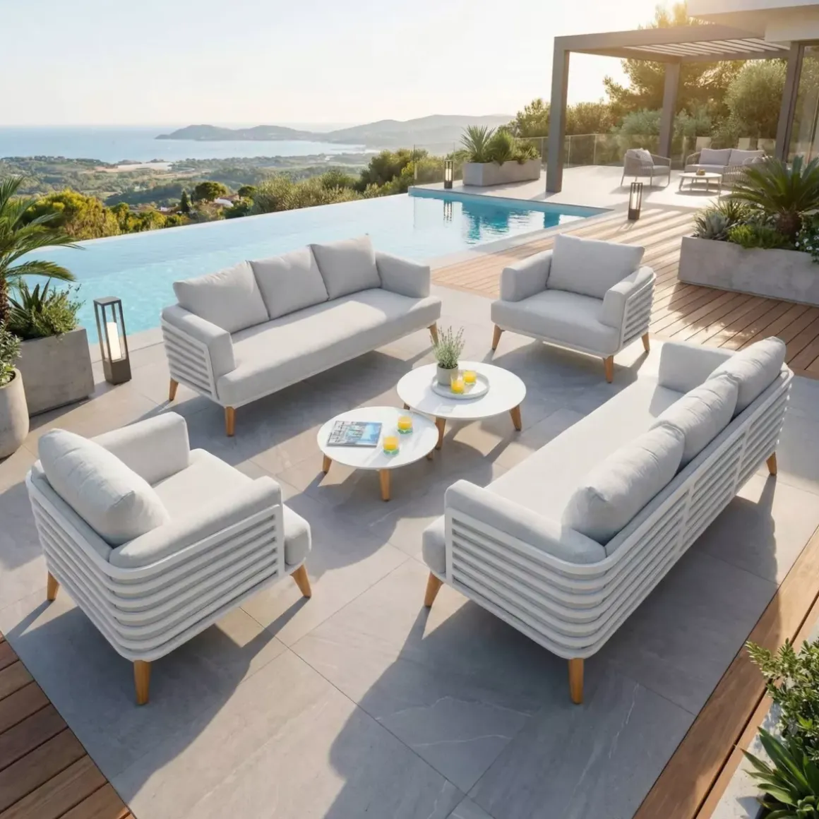 Salotto da giardino alluminio 8 posti 6 pezzi Monte Carlo Bianco e grigio chiaro