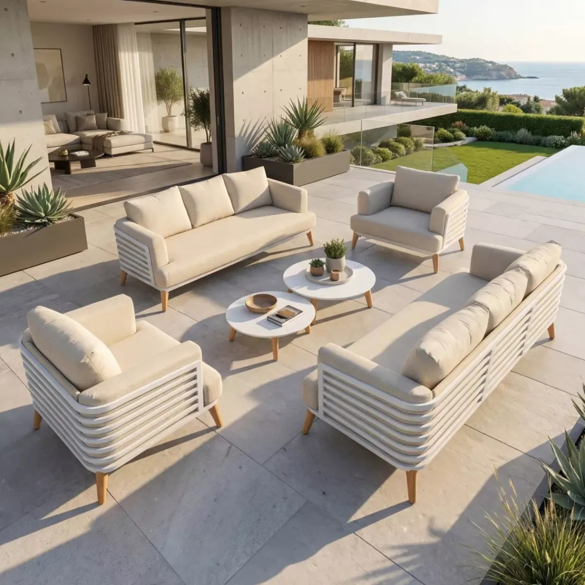 MOBELLIA Salotto Da Giardino-Salotto da giardino alluminio 8 posti 6 pezzi Monte Carlo Bianco e beige