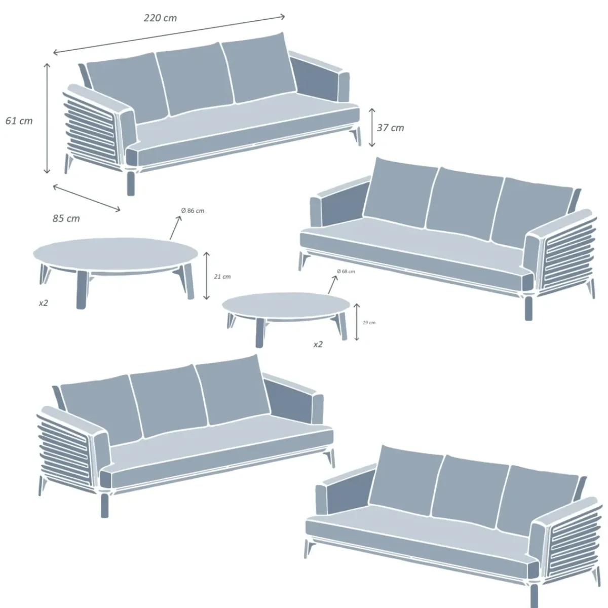 MOBELLIA Salotto Da Giardino-Salotto da giardino alluminio 12 posti 8 pezzi Monte Carlo Grigio