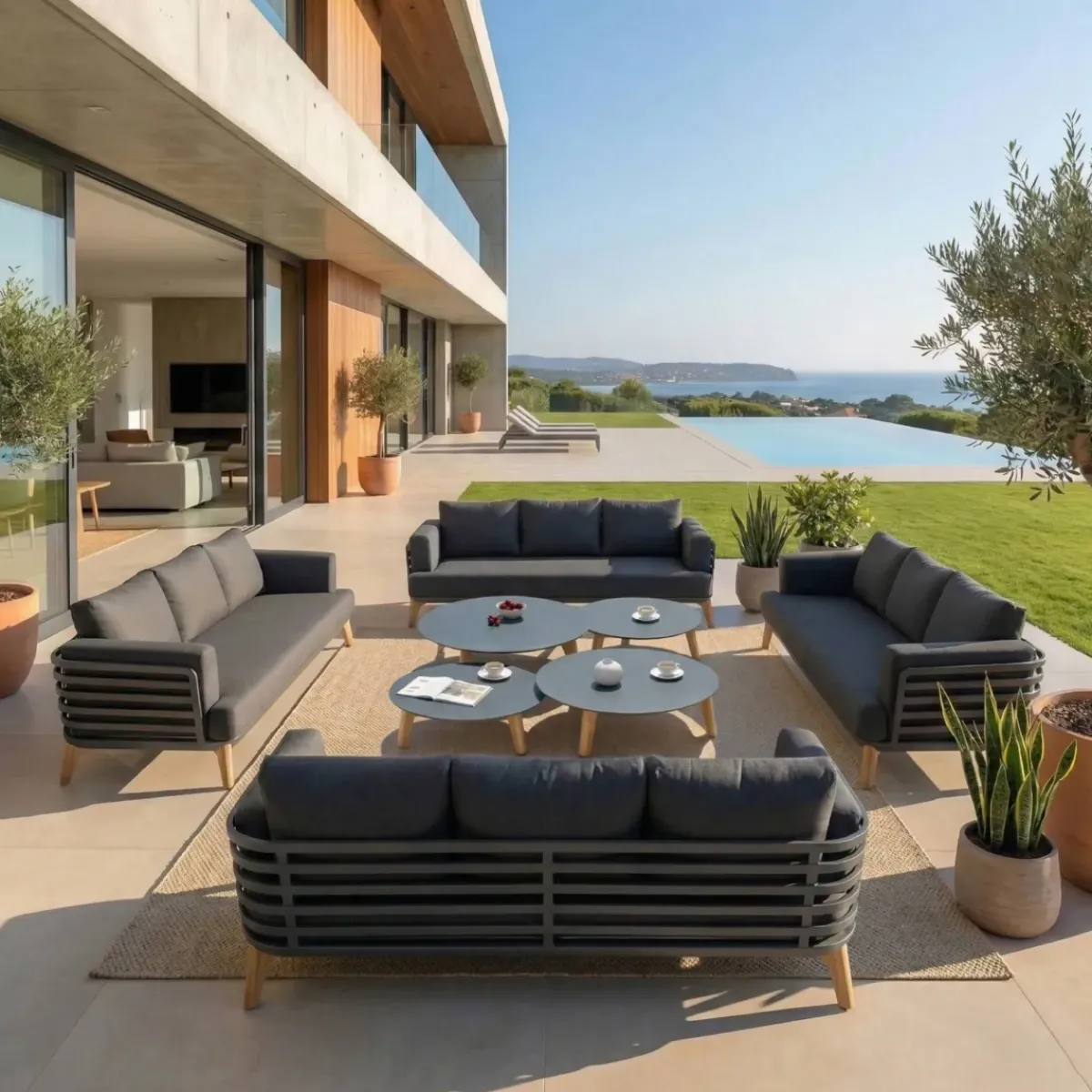 MOBELLIA Salotto Da Giardino-Salotto da giardino alluminio 12 posti 8 pezzi Monte Carlo Grigio