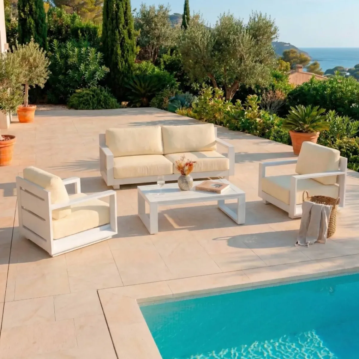 MOBELLIA Salotto Da Giardino-Salotto da giardino alluminio 4 posti 4 pezzi Elba Bianco e beige