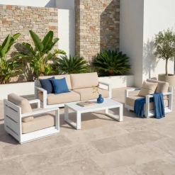 MOBELLIA Salotto Da Giardino-Salotto da giardino alluminio 4 posti 4 pezzi Elba Bianco e tortora