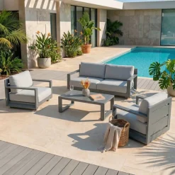 MOBELLIA Salotto Da Giardino-Salotto da giardino alluminio 4 posti 4 pezzi Elba Grigio antracite e grigio chiaro