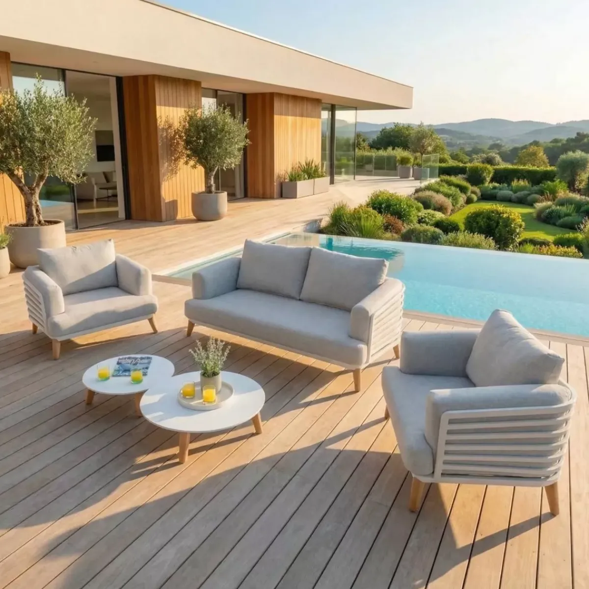 MOBELLIA Salotto Da Giardino-Salotto da giardino alluminio 4 posti 5 pezzi Monte Carlo Bianco e grigio chiaro
