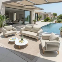 MOBELLIA Salotto Da Giardino-Salotto da giardino alluminio 4 posti 5 pezzi Monte Carlo Bianco e tortora