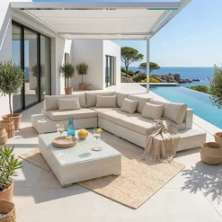 Salotto da giardino angolare in resina intrecciata 5 posti Palma Bianco e beige