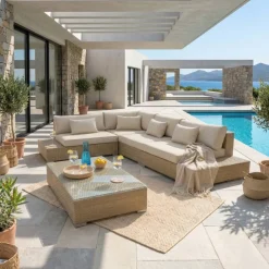 Salotto da giardino angolare in resina intrecciata 5 posti Palma Grigio e beige