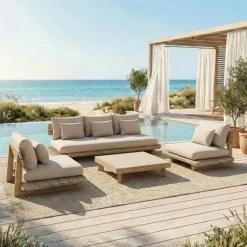 Salotto da giardino effetto legno e resina 5 posti 4 pezzi Palawan Beige