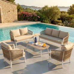 Salotto da giardino in alluminio 7 posti 5 pezzi Amalfi Bianco e beige