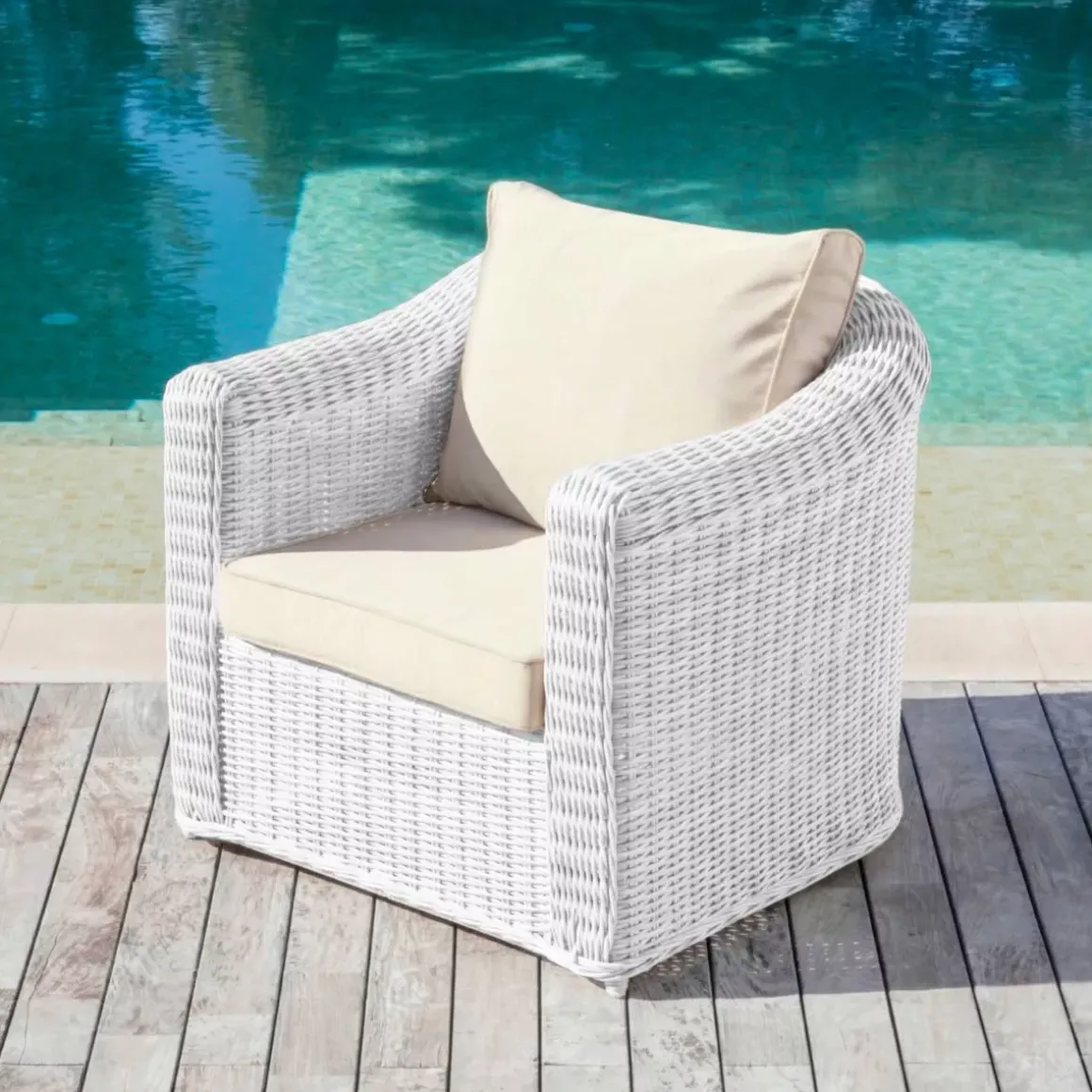 Salotto da giardino in resina intrecciata 5 posti 4 pezzi Calvi Bianco e tortora