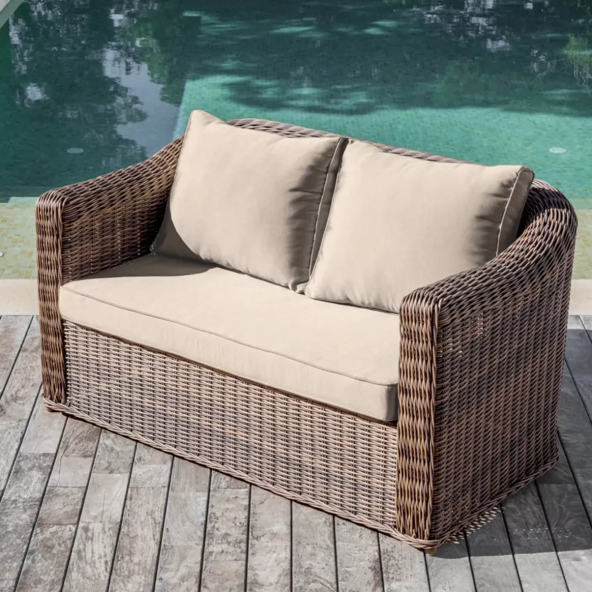 Salotto da giardino in resina intrecciata 4 posti 4 pezzi Calvi Seppia e tortora