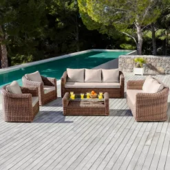Salotto da giardino in resina intrecciata 7 posti 5 pezzi Calvi Seppia e tortora