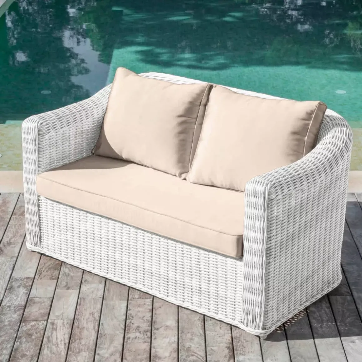 Salotto da giardino in resina intrecciata 4 posti 4 pezzi Calvi Bianco e tortora