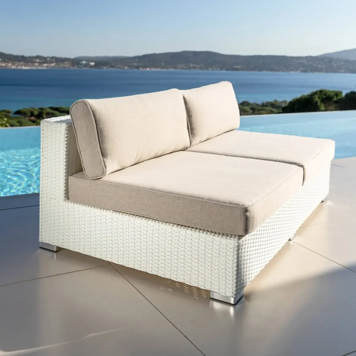Salotto da giardino in resina intrecciata 4 posti 4 pezzi Palma Bianco e tortora