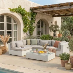 Salotto da giardino in resina intrecciata 4 posti 5 pezzi Palma Bianco e tortora