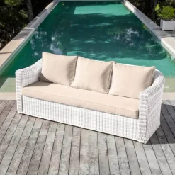 Salotto da giardino in resina intrecciata 7 posti 5 pezzi Calvi Bianco e tortora