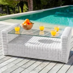 Salotto da giardino in resina intrecciata 7 posti 5 pezzi Calvi Bianco e tortora