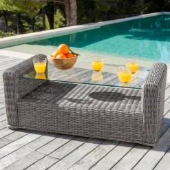 Salotto da giardino in resina intrecciata 7 posti 5 pezzi Calvi Grigio e grigio chiaro