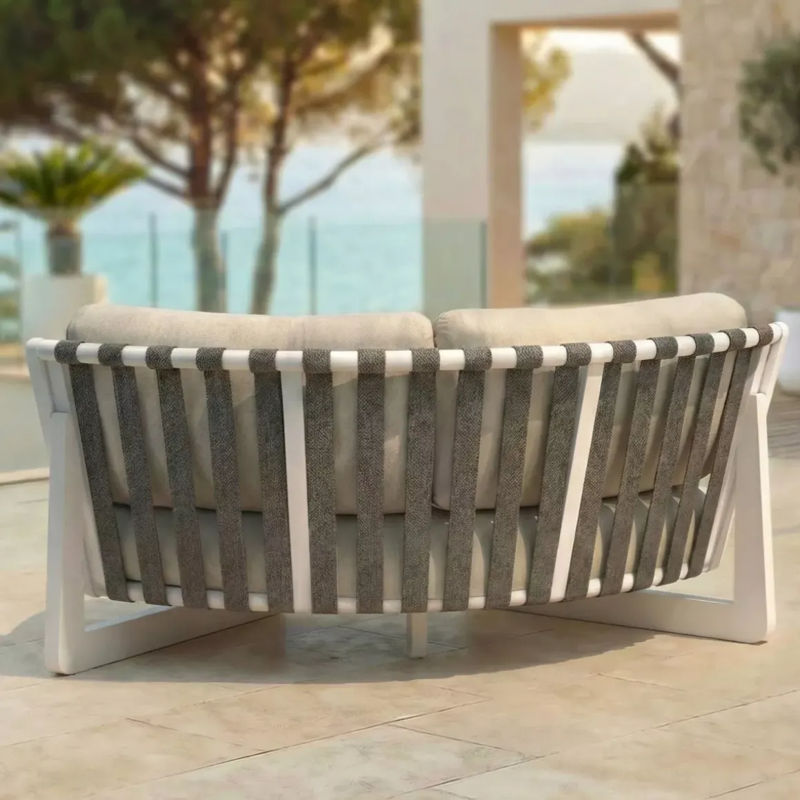 Set angolare da giardino in alluminio 7 posti 7 pezzi Long Beach Bianco cenere e beige