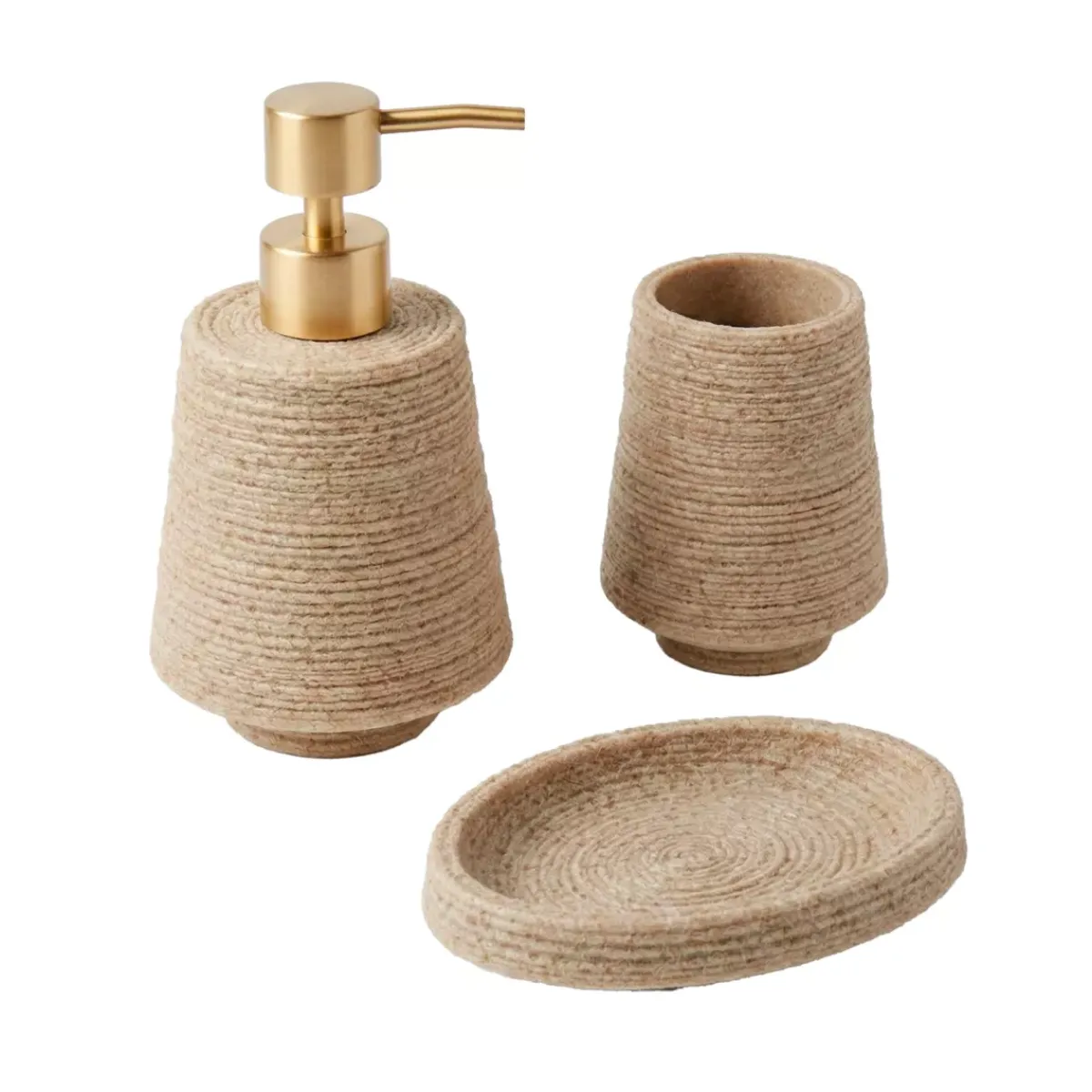 TENDANCE Accessori Bagno-Set bicchiere distributore e porta sapone in poliresina effetto sabbia Lina