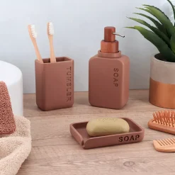 TENDANCE Accessori Bagno-Set bicchiere distributore e porta sapone in poliresina incisa Sia mocha