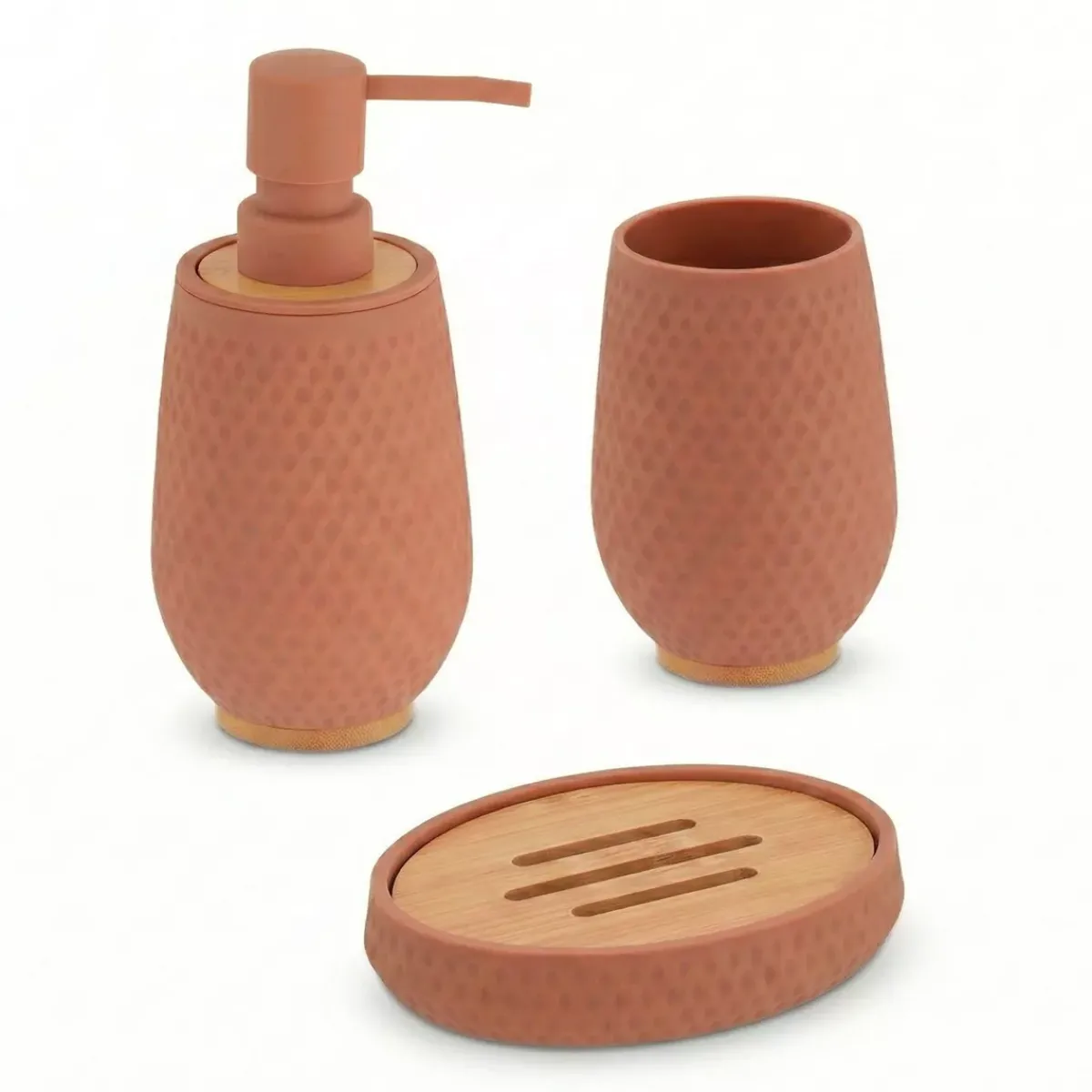 TENDANCE Accessori Bagno-Set bicchiere, portasapone e dispenser effetto nido d'ape Bania