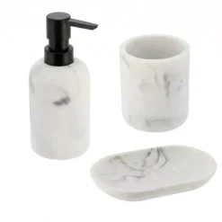 TENDANCE Accessori Bagno-Set bicchiere, portasapone e distributore di sapone in poliresina effetto marmo Séma